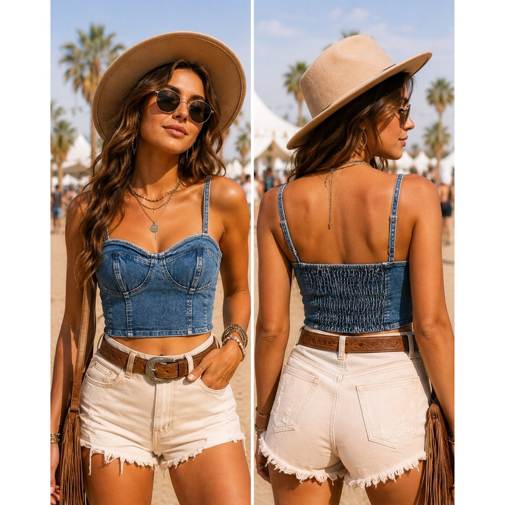 Thrill Jeans Denim Bustier Crop Top Women Large Blue Smocked Back